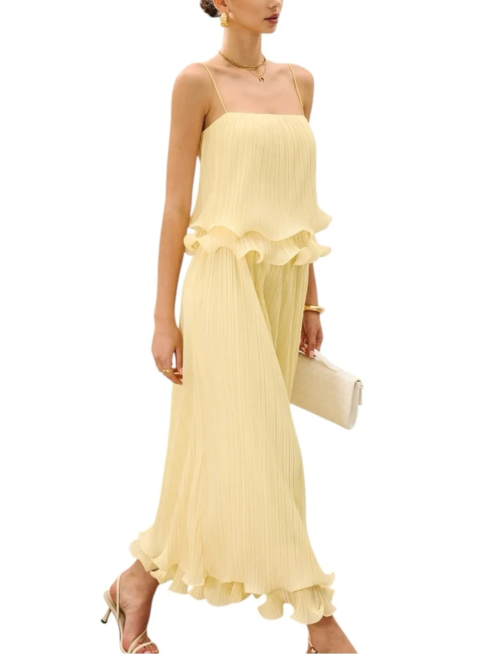 Commense Soft Butter Yellow Pleated Layered Ruffle Skirt Cami Set NWT Medium - Picture 1 of 13